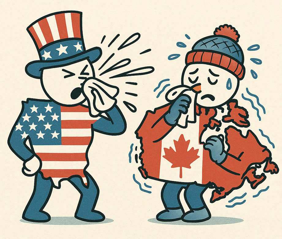 Illustration of a person dressed in a USA-shaped outfit with the US flag on it. This person sneees in the direction of a person dressed in a toque and Canada-shaped outfit with the Canada flag. The Canadian, with a tissue, is shivering with a cold.
